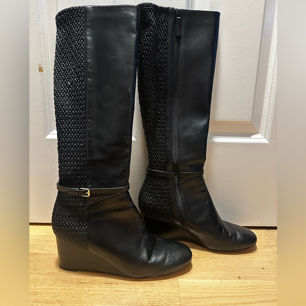 Cole Haan Lauralyn Black Leather Stretch Woven Wedge Boots Women's Size 9.5
